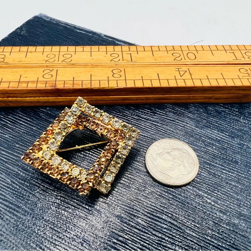 Vintage gold geometric squares brown & gray rhinestones brooch pin